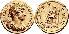Hadrian (AD 117-138). AV aureus (20mm, 7.18 gm, 6h).  Rome, AD 119-122. IMP CAESAR TRAI-ANVS HADRIANVS AVG, laureate, draped and cuirassed bust of Hadrian right, seen from front / P M TR P COS III, Li