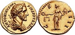 Antoninus Pius (AD 138-161). AV aureus (20mm, 7.28 gm, 6h).  Rome, AD 148-149. ANTONINVS AVG PIVS P P TR P XII, laureate and draped bust of Antoninus right / COS IIII, Aequitas standing left, holding 