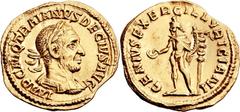 Trajan Decius (AD 249-251). AV aureus (18mm, 3.75 gm, 6h).  Rome,  AD 250-251. IMP C M Q TRAIANVS DECIVS AVG, laureate and cuirassed bust of Decius right / GENIVS EXERC ILLYRICIANI, Genius of the Illy