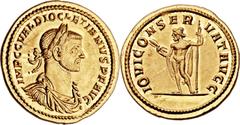 Diocletian (AD 284-305). AV aureus (22mm, 5.36 gm, 6h).  Rome or Cyzicus, AD 286. IMP C C VAL DIOCLETIANVS P F AVG, laureate, draped and cuirassed bust of Diocletian right, seen from front / IOVI CON-