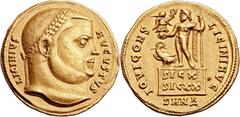 Licinius I (AD 308-324). AV aureus (21mm, 5.27 gm, 12h).  Nicomedia, AD 317-318. LICINIVS AVGVSTVS, laureate head of Licinius right / IOVI CONS LICINI AVG, Jupiter standing left on platform, holding s