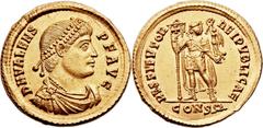 Valens (AD 364-378). AV solidus (22mm, 4.42 gm, 6h).  Constantinople, AD 364-367. D N VALENS P F AVG, pearl-diademed, draped and cuirassed bust of Valens right, bust seen from front / RESTITVTOR REIPV