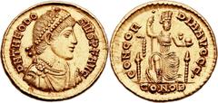 Theodosius I the Great (AD 379-395). AV solidus (21mm, 4.46 gm, 6h).  Constantinople, AD 379-383. D N THEODO-SIVS P F AVG, pearl-diademed, draped and cuirassed bust of Theodosius right, bust seen from
