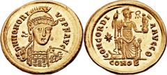 Honorius, Western Roman Emperor (AD 393-423). AV solidus (21mm, 4.48 gm, 6h).  Constantinople, AD 402-420. D N HONORI-VS P F AVG, diademed, helmeted and cuirassed bust of Honorius facing, head slightl