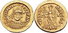 Julius Nepos, Western Roman Emperor (second reign, AD 477-480). AV solidus (20mm, 4.24 gm, 6h). Seemingly an Visigothic or Germanic issue, 'Ravenna mint.' D N IVL NE-POS PF AVG, pearl-diademed, helmet