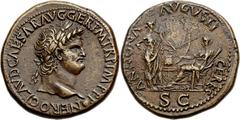 Nero (AD 54-68). Orichalcum sestertius (35mm, 26.08 gm, 6h).  Lugdunum, AD 64. NERO CLAVD CAESAR AVG GER P M TR P IMP P P, laureate head of Nero right, globe at point of bust / ANNONA — AVGVSTI — CERE