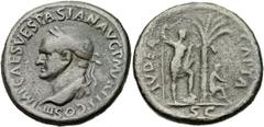 Vespasian (AD 69-79). Orichalcum sestertius (33mm, 22.36 gm, 6h). Rome, AD 71. IMP CAES VESPASIAN AVG P M TR P P P COS III, laureate head left / IVDEA CAPTA, Palm tree; to left, Vespasian standing rig