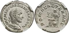 Gordian I (AD 238). AR denarius (20mm, 2.79 gm, 12h). Rome, March-April, AD 238. IMP M ANT GORDIANVS AFR AVG, laureate, draped, and cuirassed bust right / ROMAE AETERNAE, Roma seated left on shield, h