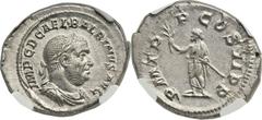 Balbinus (AD 238). AR denarius (21mm, 3.72 gm, 11h). Rome, April-June, AD 238.  IMP C D CAEL BALBINVS AVG, laureate, draped, and cuirassed bust right / P M TR P COS II P P, Balbinus standing left, hol