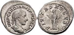 Gordian III (AD 238-244). AR "denomination set" of three AR coins. Includes: (1) AR denarius (20mm, 3.03 gm, 12h). Laureate, draped and cuirassed bust of Gordian right / Pietas standing facing, head l