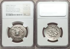 LYDIA. Tralles. Ca. 140-135 BC. AR cistophoric tetradrachm (12.61 gm). Cista mystica with serpents in ivy-wreath / Bow-case between two serpents, TPA on left,  head of Helios right. Kleiner & Noe 68ff