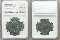 Manlia Scantilla, wife of Didius Julianus (Augusta, AD 193). Orichalcum sestertius (22.41 gm). Rome, under Didius Julianus. Draped bust right / Juno standing left, holding patera and scepter; to left,