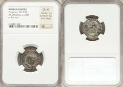 Pupienus (AD 238). AR denarius (2.44 gm). Rome, April-July AD 238. Laureate, draped and cuirassed bust of Pupienus right / Pax seated left, holding branch and scepter. RIC 4. RSC 22. Rare. Somewhat po