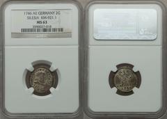 Silesia. Friedrich II 2 Groschel 1746-AE, KM921.1, MS63 NGC, a mint state example of a coin that usually comes in circulated condition. Some slight silvering remains on the surfaces of this billon coi