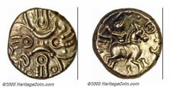 Celtic Britain, The Trinovantes, Tasciovanus, ca. 20-25 A.D., AV stater (5.41 g), Two stylized crescents/Warrior with spear on horseback, right, Van Arsdell 1732-5v., XF. IExquisite toning, rare.