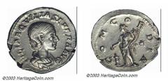 Aquilia Severa, 218-222 A.D., AR denarius (3.33 g), Draped bust right/Concordia standing left, holding patera and double cornucopiae; on left, lighted altar; in field, right, star, RIC 4, VF. Severa f