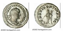 Gordian II, 238 A.D., AR denarius (3.11 g), Laureate, draped and cuirassed bust right/Providentia, her legs crossed, standing left, leaning on column, holding cornucopia, pointing wand to globe at fee