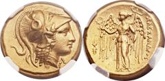 MACEDONIAN KINGDOM. Alexander III the Great (336-323 BC). AV distater (23mm, 17.11 gm, 9h). Lifetime issue of 'Amphipolis,' ca. 325-323 BC. Head of Athena right, wearing triple crested Corinthian helm
