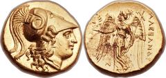 MACEDONIAN KINGDOM. Alexander III the Great (336-323 BC). AV stater (19mm, 8.59 gm, 12h).  Early posthumous issue of Sidon, dated RY 13 of Abdalonymus (321/0 BC). Helmeted head of Athena right, helmet