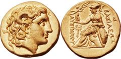THRACIAN KINGDOM. Lysimachus (305-281 BC). AV stater (19mm, 8.53 gm, 2h). Aenus, ca. 283-250 BC. Diademed head of the deified Alexander right, wearing horn of Ammon / BAΣIΛEΩΣ ΛYΣIMAXOY, Athena seated