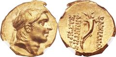SELEUCID KINGDOM. Demetrius I Soter (162-150 BC). AV stater (18mm, 8.45 gm, 1h). Uncertain mint in Cilicia or Northern Syria, ca. 152/1 BC. Diademed head of Demetrius right / BAΣIΛEΩΣ ΔEMETRIOY ΣΩTHPO