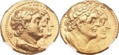 PTOLEMAIC EGYPT. Ptolemy II Philadelphus, with Arsinoe II, Ptolemy I, and Berenice I (285-246 BC). AV mnaieion or octodrachm (27mm, 27.81 gm, 12h).  Alexandria, ca. 285-261/0 BC. Jugate busts of Ptole