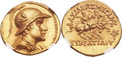 GRECO-BACTRIAN KINGDOM. Eucratides I the Great (ca. 171-145 BC). AV stater (20mm, 8.46 gm, 11h).  Diademed and draped bust of Eucratides right, wearing crested and broad-brimmed Bactrian helmet adorne