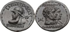 GRECO-BACTRIAN KINGDOM. Eucratides I the Great (ca. 171-145 BC). AR tetradrachm (32mm, 16.68 gm, 12h). ΒΑΣΙΛΕYΣ ΜΕΓΑΣI EYKPATIΔΗΣ, heroic bust of Eucratides left, seen from back, wearing broad-brimmed