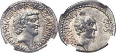 Marc Antony as Triumvir (43-31 BC), with Lucius Antony. AR denarius (19mm, 3.77 gm, 1h). Military mint in Greece or Asia Minor, 41 BC, moneyer L. Cocceius Nerva. M • ANT • IMP • AVG • III • VIR • R • 