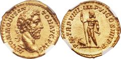 Commodus (AD 177-192). AV aureus (20mm, 7.22 gm, 5h). Rome, ca. AD 183-184. M COMMODVS ANTON AVG PIVS, laureate and bearded head of Commodus right / P M TR P VIIII IMP VI COS IIII P P, Jupiter standin