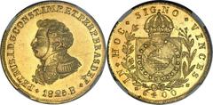 Pedro I gold 6400 Reis 1825-B MS62 NGC, Bahia mint, KM370.2, Russo-606. Sharply struck, especially for the mint in Bahia, with a wide planchet and perfect rims. A bold, impressively distinct date adds