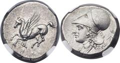 CORINTHIA. Corinth. Ca. 375-300 BC. AR stater (19mm, 8.56 gm, 8h). Pegasus flying left, qoppa below / Helmeted head of Athena left; Δ-I across field; to right, herm with caduceus and cornucopia facing