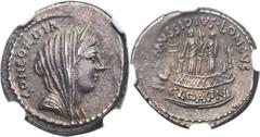 L. Mussidius Longus (42 BC). AR denarius (18mm, 3.87 gm, 2h).  Rome. CONCORDIA, veiled head of Concordia right / L MVSSIDIVS LONGVS, shrine of Venus Cloacina: circular platform surmounted by two statu