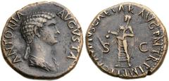 Antonia Minor, mother of Claudius (Augusta, AD 37 and 41). Orichalcum dupondius (28mm, 13.50 gm, 7h). Rome, under claudius, ca. AD 41-42. ANTONIA AVGVSTA, draped bust of Antonia right / TI CLAVDIVS CA