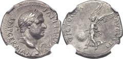 Vitellius (AD 69). AR denarius (18mm, 3.41 gm, 6h).  Spanish mint (Tarraco?), January-June AD 69. A VITELLIVS IMP GERMAN, laureate bust of Vitellius right, globe at point of bust, palm to right / VICT