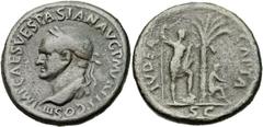 Vespasian (AD 69-79). Orichalcum sestertius (33mm, 22.36 gm, 6h). Rome, AD 71. IMP CAES VESPASIAN AVG P M TR P P P COS III, laureate head left / IVDEA CAPTA, Palm tree; to left, Vespasian standing rig