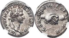 Nerva (AD 96-98). AR denarius (18mm, 3.51 gm, 7h). Rome, AD 97. IMP NERVA CAES AVG P M TR P COS III P P, laureate head of Nerva right / CONCORDIA EXERCITVVM, clasped hands. RIC 14. BMCRE 25. RSC 20. O