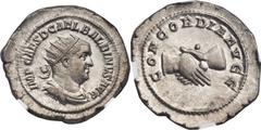 Balbinus (AD 238). AR antoninianus (25mm, 4.70 gm, 11h). Rome, April-July AD 238. IMP CAES D CAEL BALBINVS AVG, radiate, draped and cuirassed bust of Balbinus right / CONCORDIA AVGG, clasped hands. RI