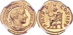 Gordian III (AD 238-244). AV aureus (20mm, 4.73 gm, 12h). Rome, AD 242. IMP GORDIANVS PIVS FEL AVG, laureate, draped, and cuirassed bust of Gordian III right / P M TR P V COS II P P, Apollo seated lef
