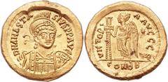 Anastasius I (AD 491-518). AV solidus (20mm, 4.48 gm, 7h).  Constantinople, 6th officina. D N ANASTA-SIVS PP AVG, pearl-diademed, helmeted and cuirassed bust of Anastasius facing, head slightly right,