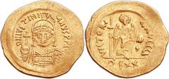 Justinian I the Great (AD 527-565). AV lightweight solidus (22mm, 3.75 gm, 6h).  Constantinople, 10th officina, AD 545-565. D N IVSTINI-AVS P P AVG, pearl-diademed, helmeted and cuirassed bust of Just