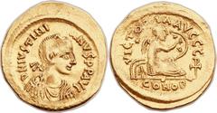 Justinian I the Great (AD 527-565). AV semissis (18mm, 2.23 gm, 6h).  Constantinople. D N IVSTINI-ANVS P P AVG, pearl-diademed, draped, and cuirassed bust of Justinian right / VICTORIA AVCCC, Victory 