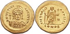 Justinian I the Great (AD 527-565). AV solidus (22mm, 4.48 gm, 6h).  Sicilian mint, dated IY 4 (AD 540/1 or 555/6). D N IVSTINI-ANVS PP AVC, pearl-diademed, helmeted and cuirassed bust of Justinian fa