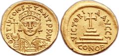 Tiberius II Constantine (AD 578-582). AV solidus (21mm, 4.43 gm, 6h). Carthage, dated RY 6 (AD 579/80). ∂m TIb CONS-TANT PP AV, crowned and cuirassed facing bust of Tiberius Constantine, holding globu