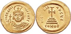 Heraclius (AD 610-641). AV solidus (23mm, 4.49 gm, 6h).  Constantinople, 5th officina, AD 610-613. dN hЄRACLI-ЧS PP AVC, draped and cuirassed bust of Heraclius facing, wearing plumed helmet with integ