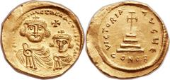 Heraclius (AD 610-641), with Heraclius Constantine (AD 613-641). AV solidus (22mm, 4.43 gm, 6h).  Constantinople, 5th officina. AD 613-616. dd NN hЄRACLIЧS Єτ hЄRA CONST P AV, crowned busts of Heracli