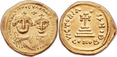 Heraclius (AD 610-641), with Heraclius Constantine (AD 613-641). AV solidus (21mm, 4.12 gm, 6h).  Constantinople, 10th officina, AD 616-625. dd NN hЄRACLIЧS Єτ hЄRA CONST P AV, crowned busts of Heracl