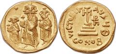Heraclius (AD 610-641), with Heraclius Constantine (AD 613-641) and Heraclonas as Caesar (AD 632-638). AV solidus (22mm, 4.39 gm, 6h).  Constantinople, 8th officina, AD 632-635/6. No legend, full-leng