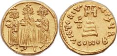 Heraclius (AD 610-641), with Heraclius Constantine (AD 613-641) and Heraclonas (AD 638-641). AV solidus (21mm, 4.46 gm, 6h).  Constantinople, 2nd officina, AD 638-641. No legend, full-length ligures o