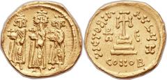 Heraclius (AD 610-641), with Heraclius Constantine (AD 613-641) and Heraclonas (AD 638-641). AV solidus (21mm, 4.31 gm, 6h).  Constantinople, 8th officina, AD 639-641. No legend, full-length ligures o